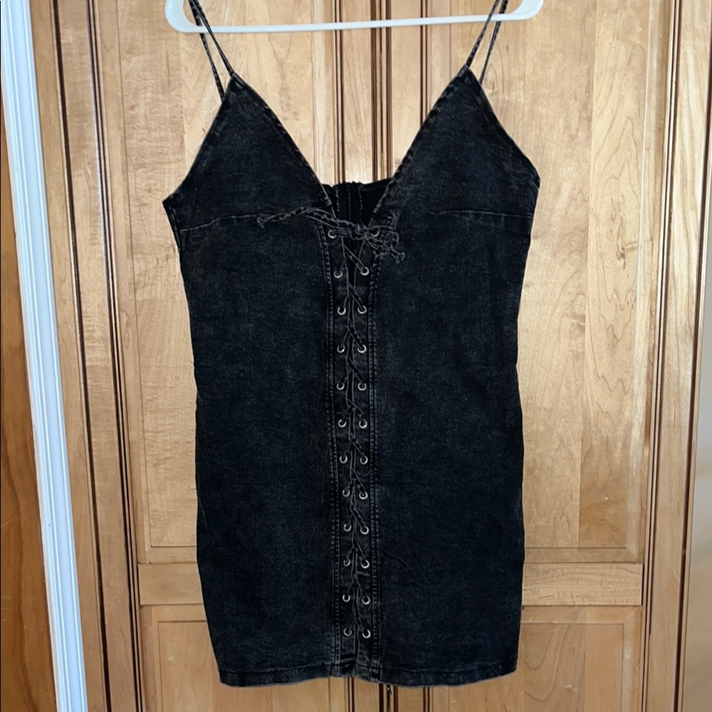 Black Denim Strapless Lace-Up Bodycon Mini Dress LG